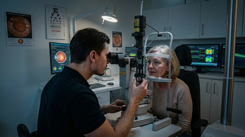 Augenarzt bei der YAG-Laser-Kapsulotomie – Nachstar-Behandlung mit Spaltlampe in der Praxis